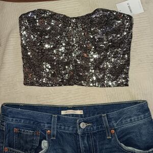 NWT Forever 21 SILVER Sequin CROP Bustier ROCKER CHIC